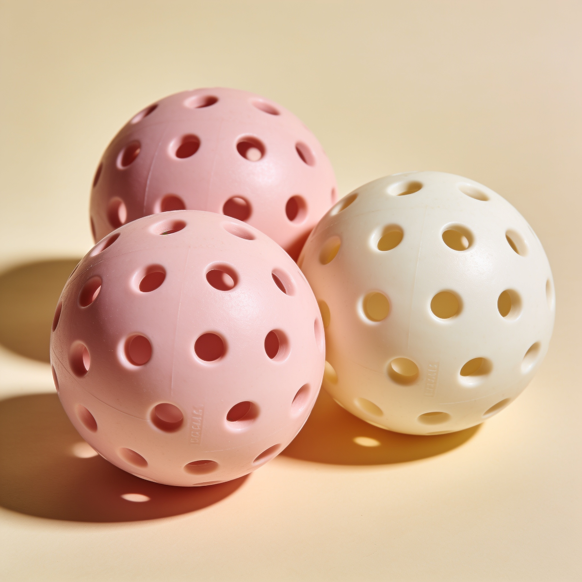 Three pickleballs arranged together