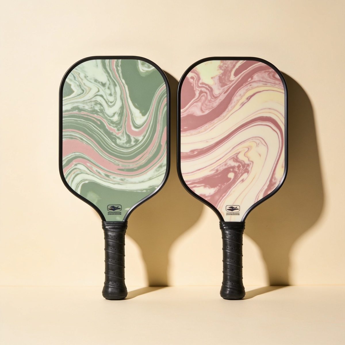 Two hydro dip pickleball paddles side by side