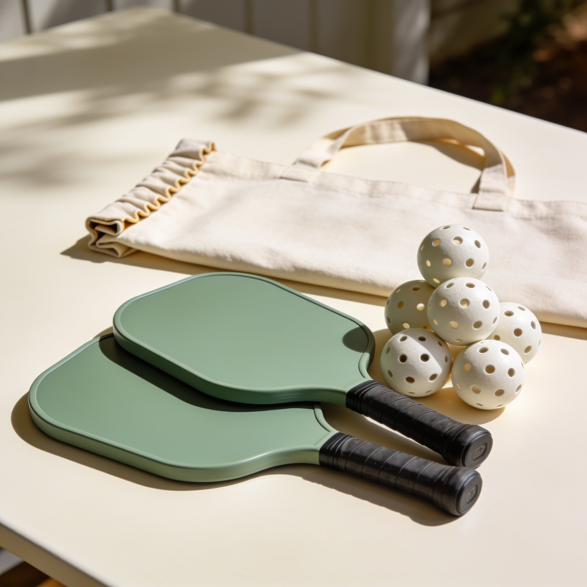 Sunday Doubles Set — two sage paddles, balls and tote on cream table