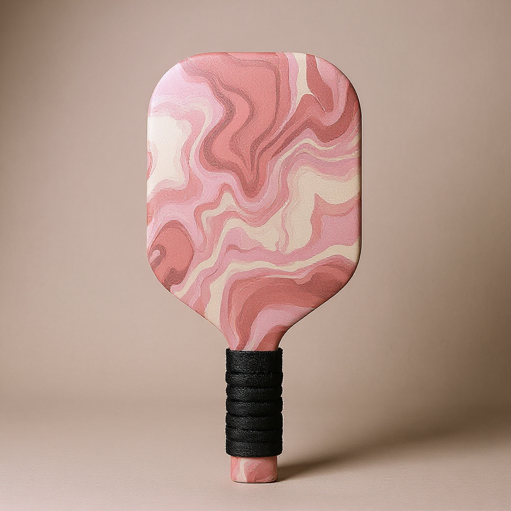 Blush and cream hydro dip carbon fiber pickleball paddle with realistic grip and texture