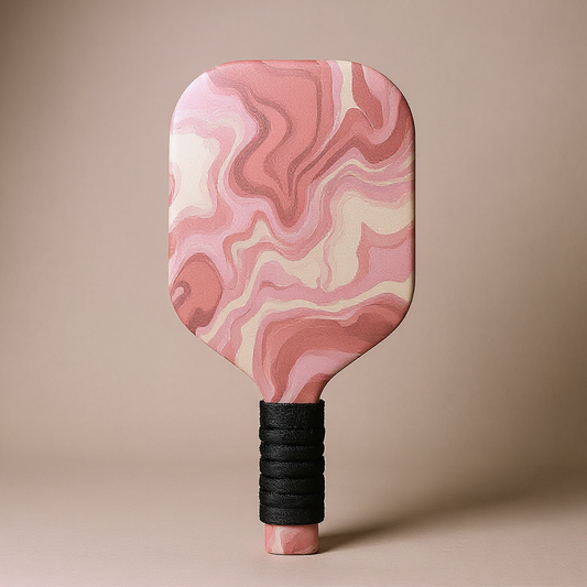 Blush and cream hydro dip carbon fiber pickleball paddle with realistic grip and texture