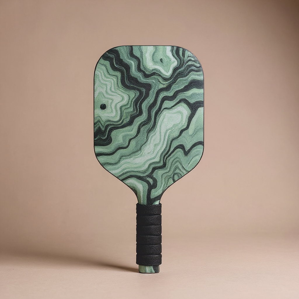 Black, white and sage hydro dip carbon fiber pickleball paddle with realistic grip and texture