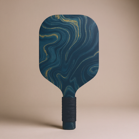 Navy and gold hydro dip carbon fiber pickleball paddle with realistic grip and texture