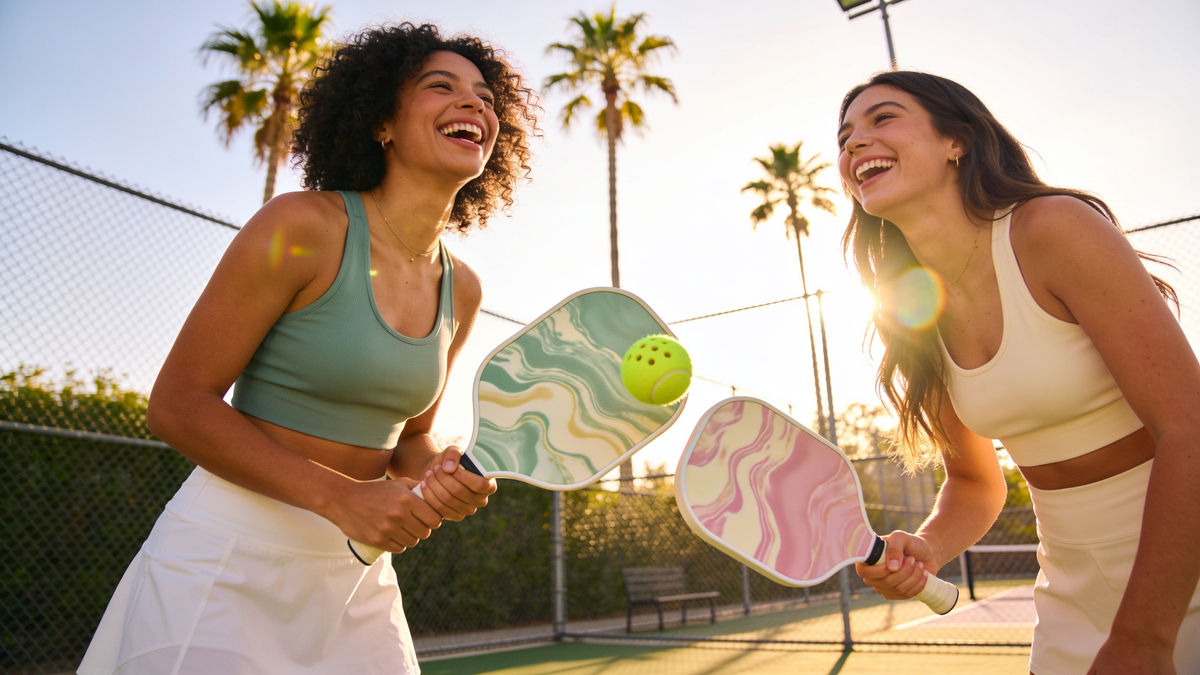 Two women laughing on a pickleball court holding hydro dip paddles