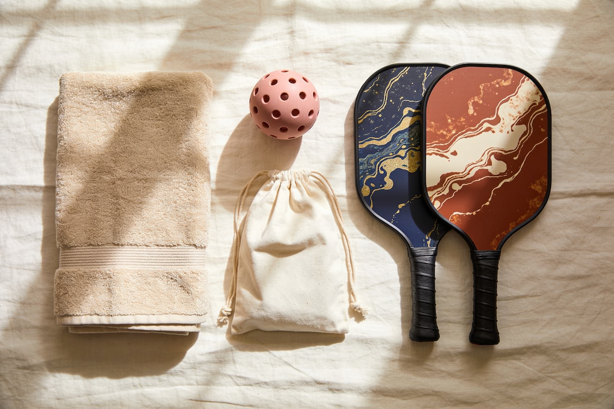 Flat-lay of two hydro dip pickleball paddles with towel and ball